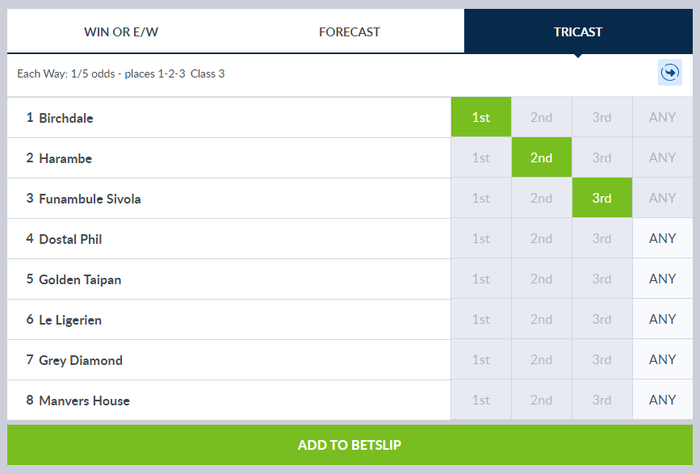 Coral Horse Racing Tricast Betting Screenshot
