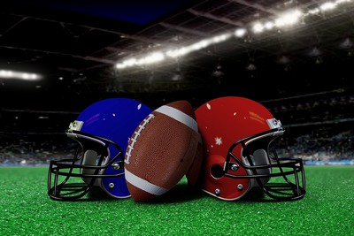 Blue and Red American Football Helmets in Stadium