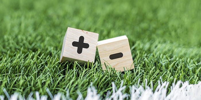 Plus and Minus Wooden Cubes on Grass