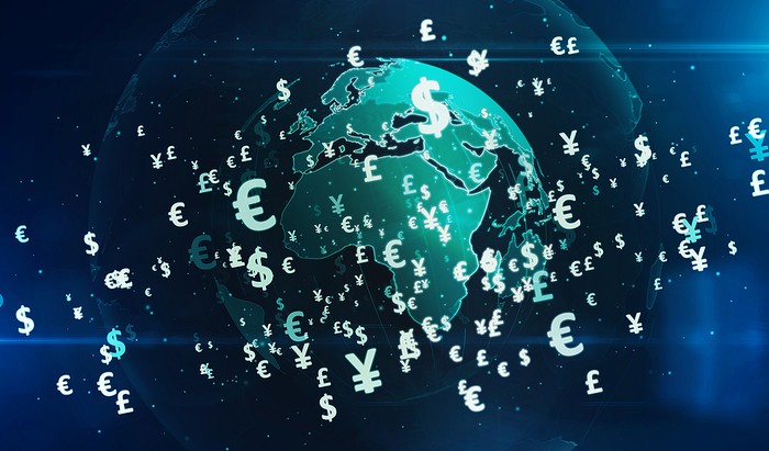Currency Symbols Floating Around Digital Planet
