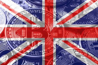 Bitcoin Logo Tokens Against UK Flag